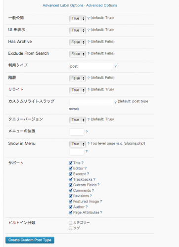 Custom Post Types UIのAdvanced Options画面