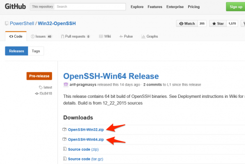 Windows版OpenSSHダウンロードページ